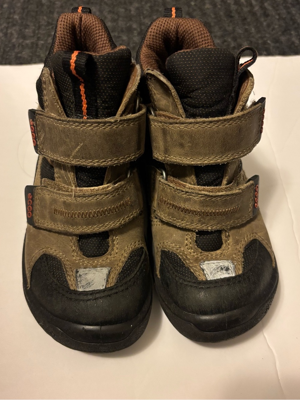 ECCO Kids Brown and Black Velcro Outdoor Boots with Orange Accents